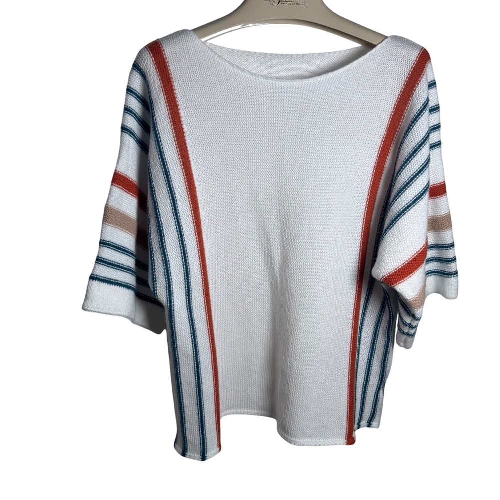 80's Core Womens White Striped Boat Neck Sweater 3/4 Sleeve Casual Knit Top - Picture 2 of 9